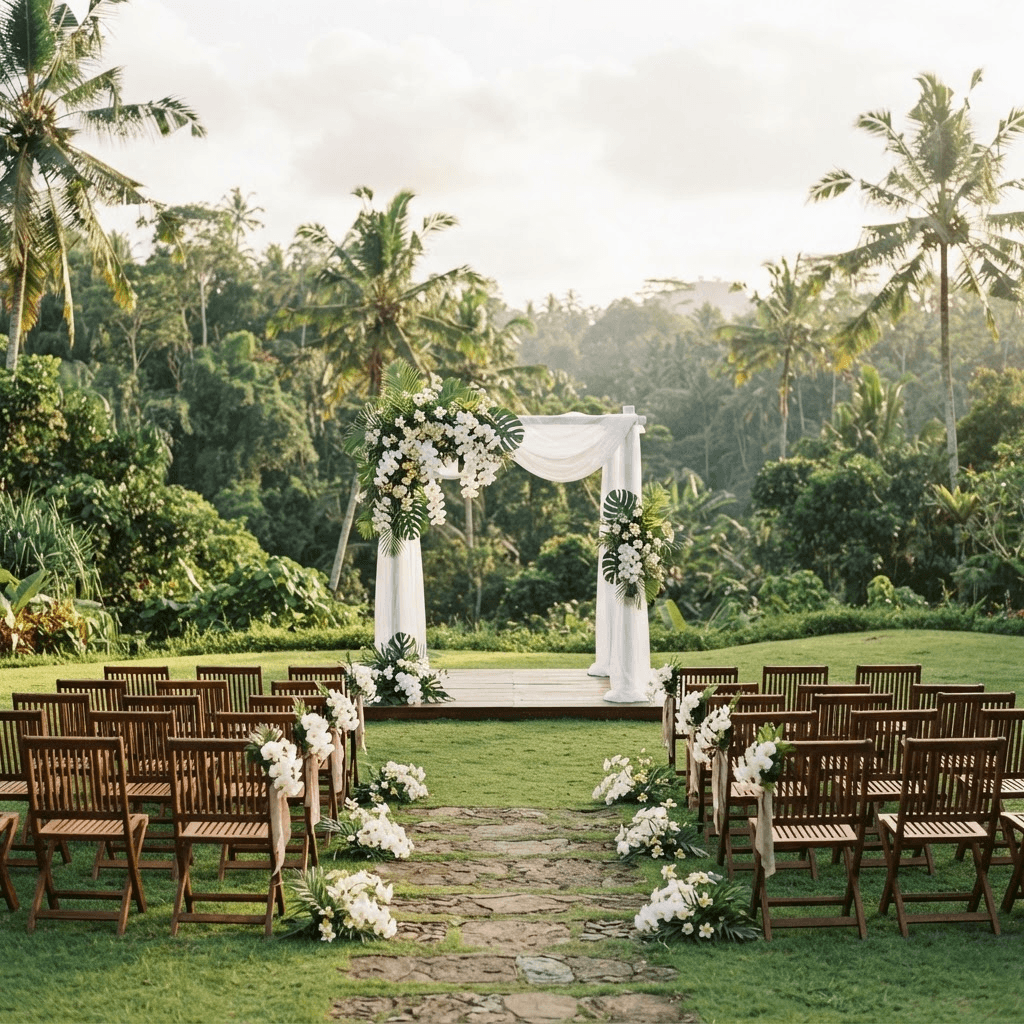 Elegant Bali wedding ceremony setup with a white floral arch surrounded by lush tropical greenery