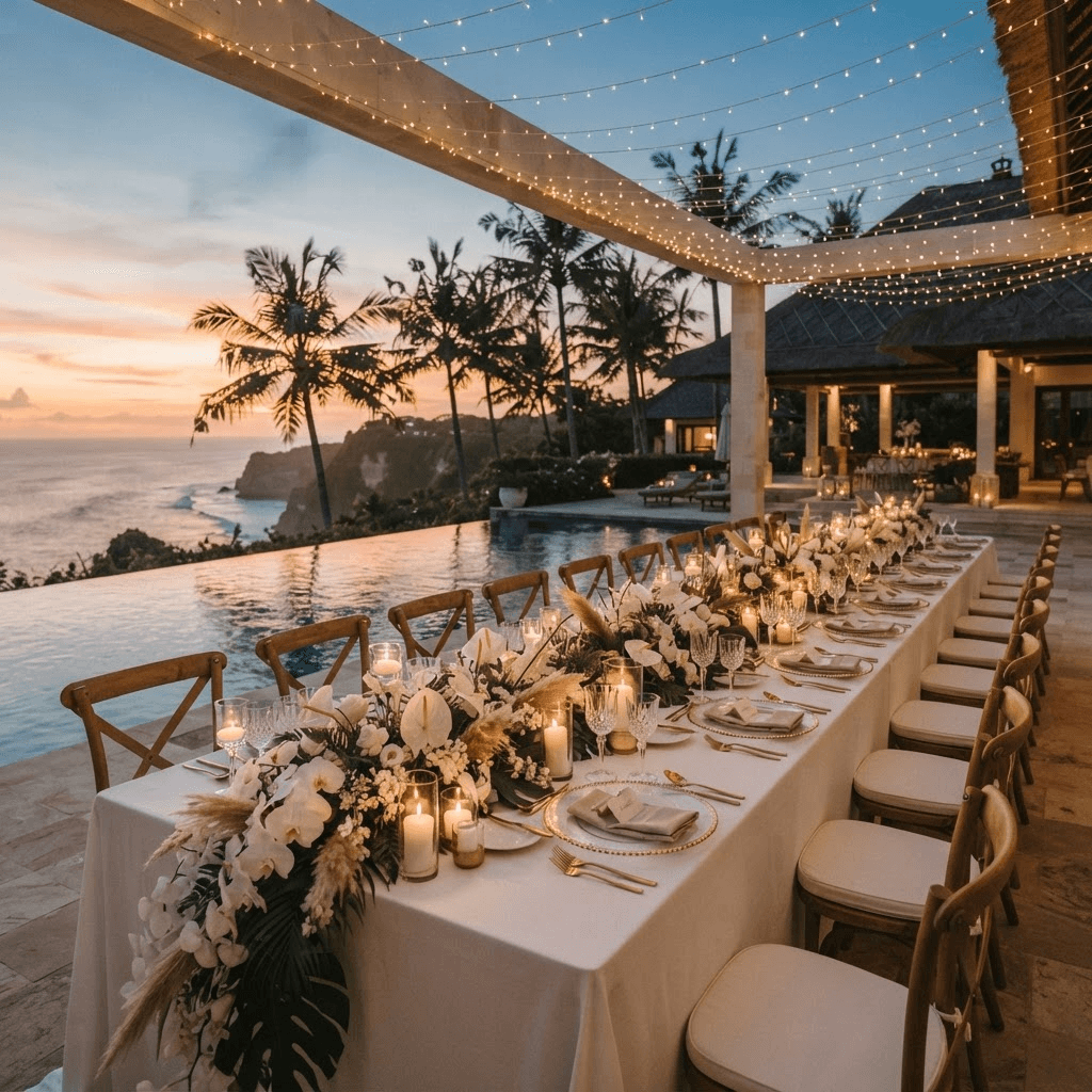 Elegant private villa wedding reception table in Bali set for a multi-day celebration