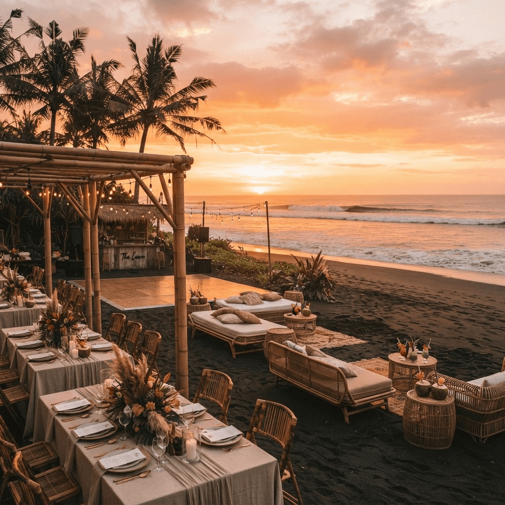 Stylish beach club wedding in Canggu, Bali at sunset with palm trees and daybeds