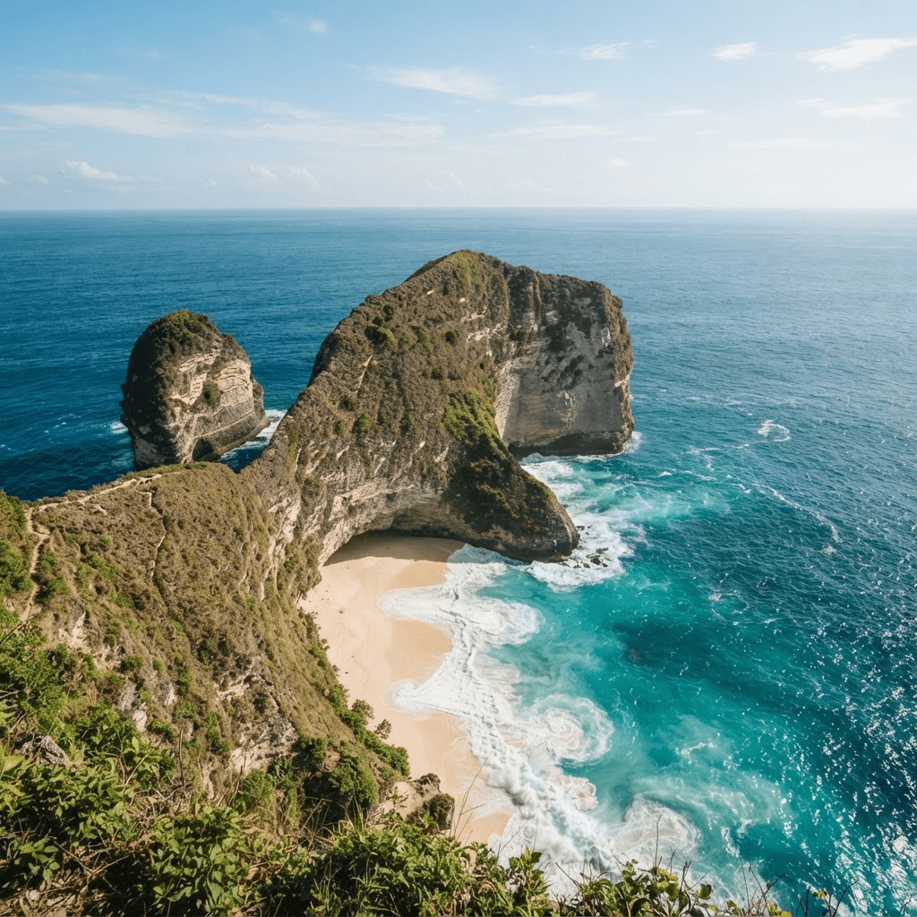 The dramatic limestone cliffs and turquoise ocean of Nusa Penida near Bali