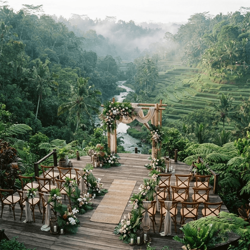 Lush Ubud jungle wedding setting in Bali with emerald rice terraces and a river valley