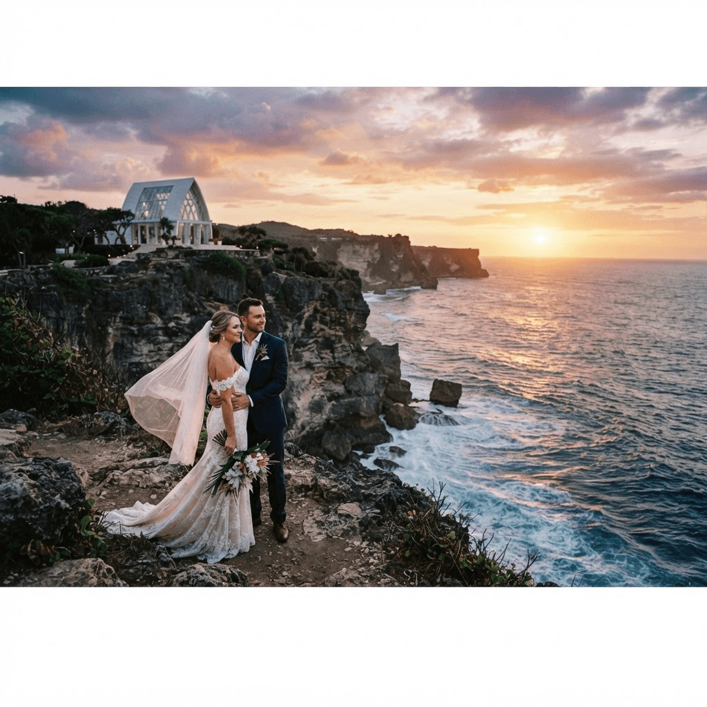 Bride and groom on an Uluwatu clifftop in Bali overlooking the Indian Ocean at sunset