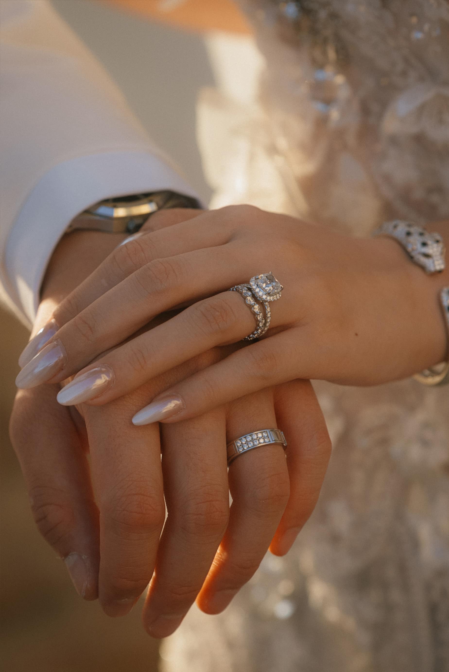 Bride and groom portrait in warm golden light at a Bali wedding venue